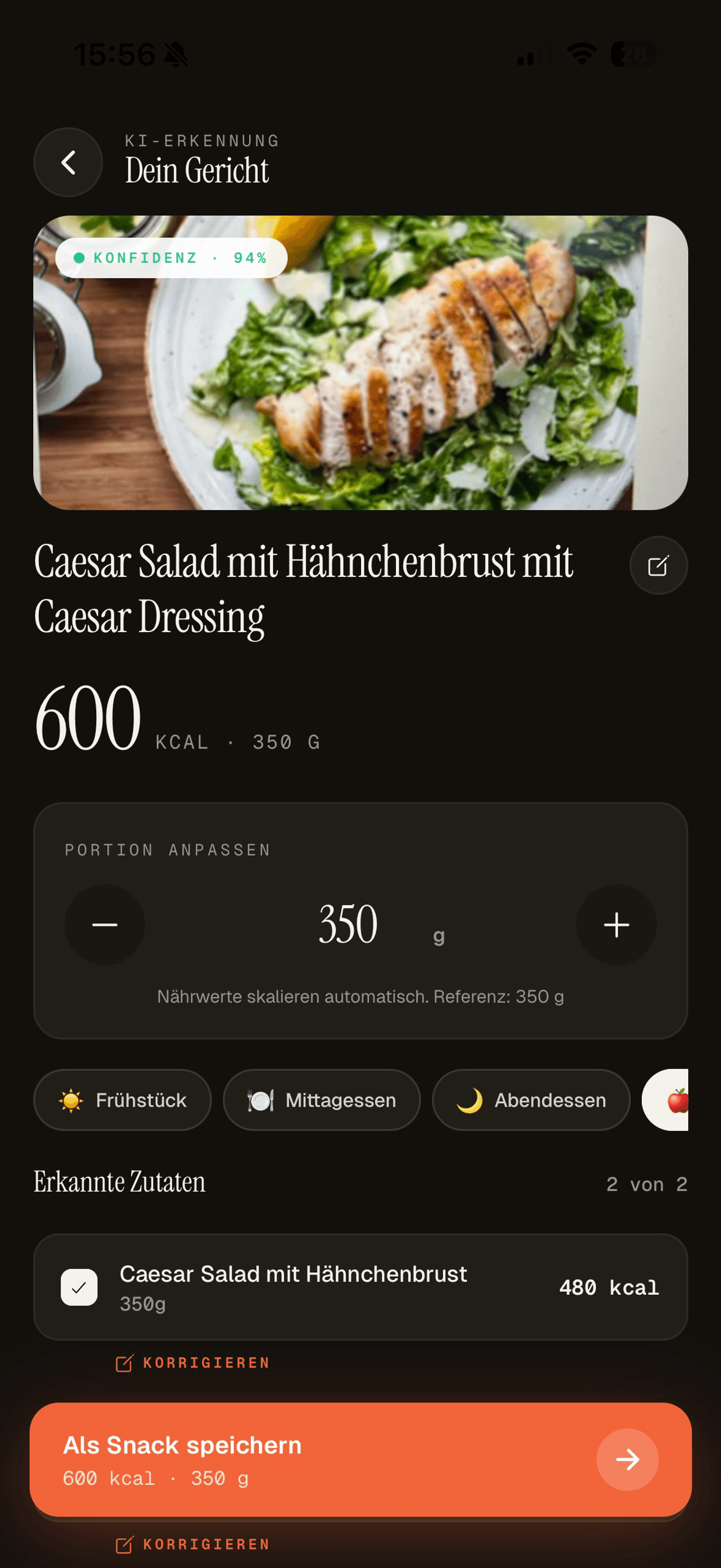 Tago KI-Foto-Scan erkennt Caesar Salad mit Portion-Stepper