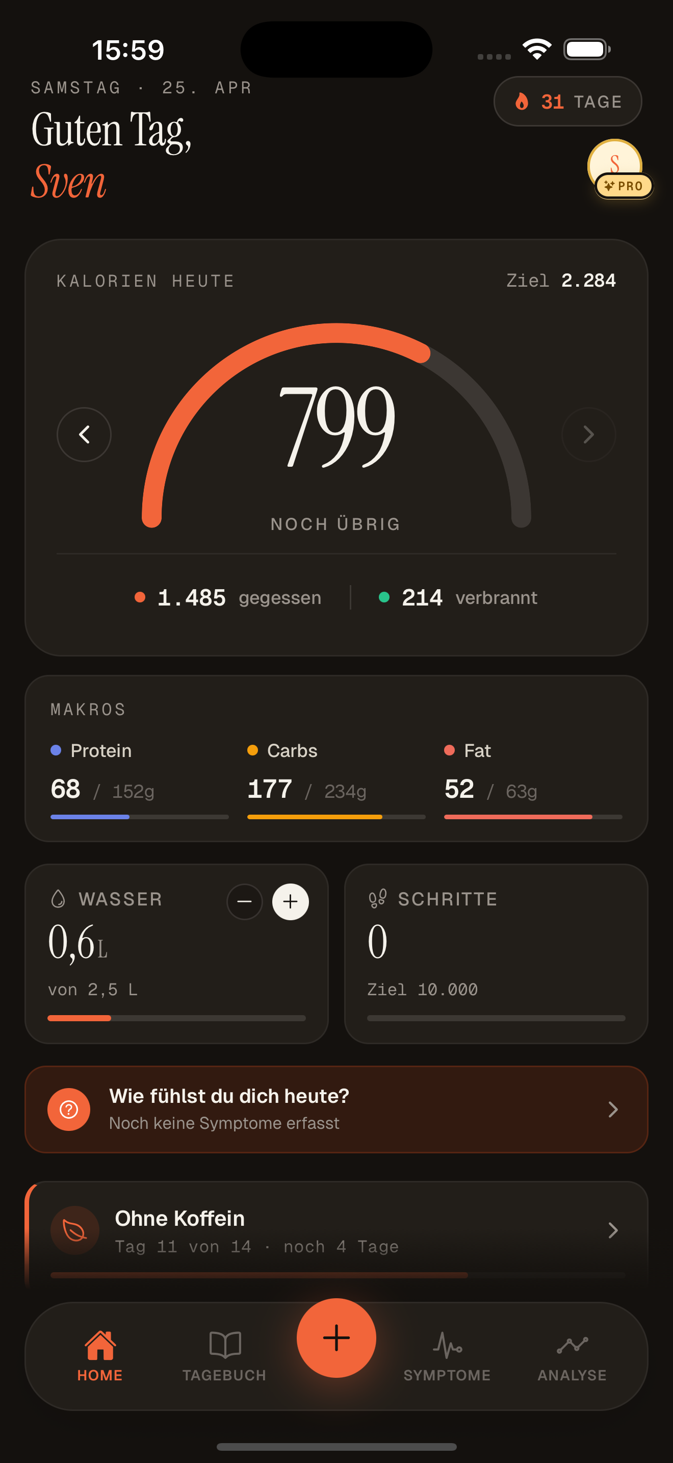 Tago Dashboard — Kalorien-Ring, Makros und Aktivität auf einen Blick